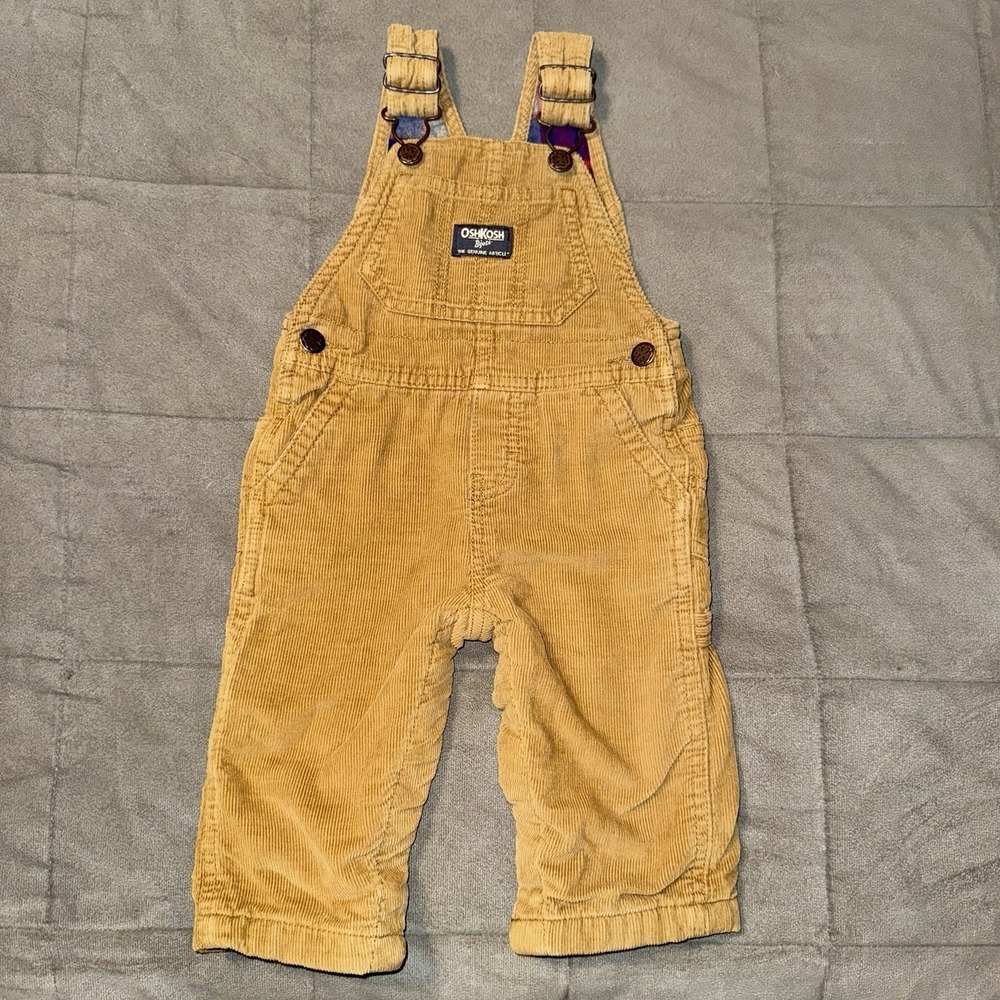 OshKosh B'gosh Vestbak Brown Corduroy Overalls 6-9 Months Plaid Flannel Lined